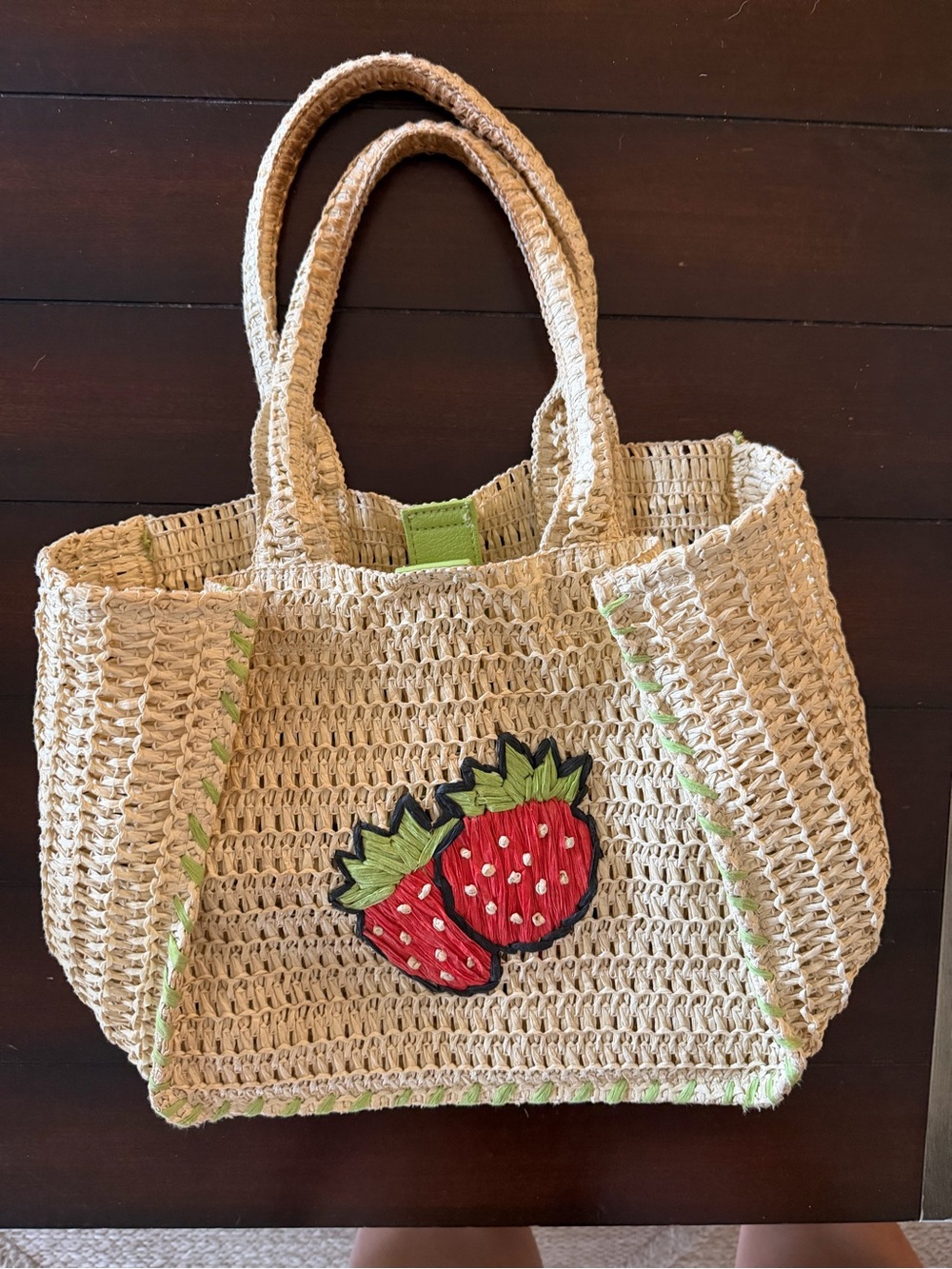 No Boundaries Beige Straw Tote with Red Strawberry Appliqué